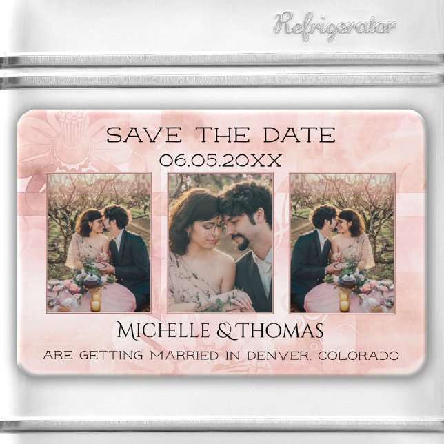 3 Foton Geometrisk Blommigt  Spara datum Magnet (Save the Date magnet featuring your photos on an abstract floral design in peach and blush pink.)