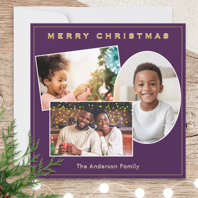 3 Foton Lila & Faux Guld Anpassat namn jul Julkort (A purple Christmas card to personalize with 3 photos and a name)