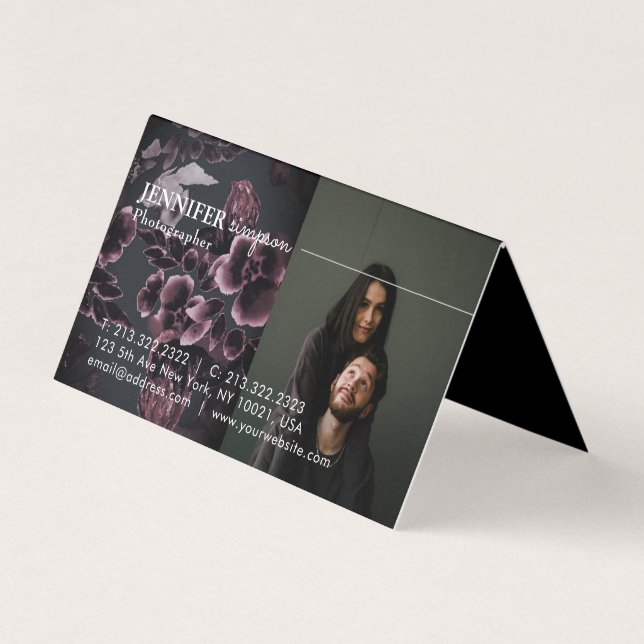 3 Foton, marinblå och burgundisk Blommönster Visitkort (Framsida)