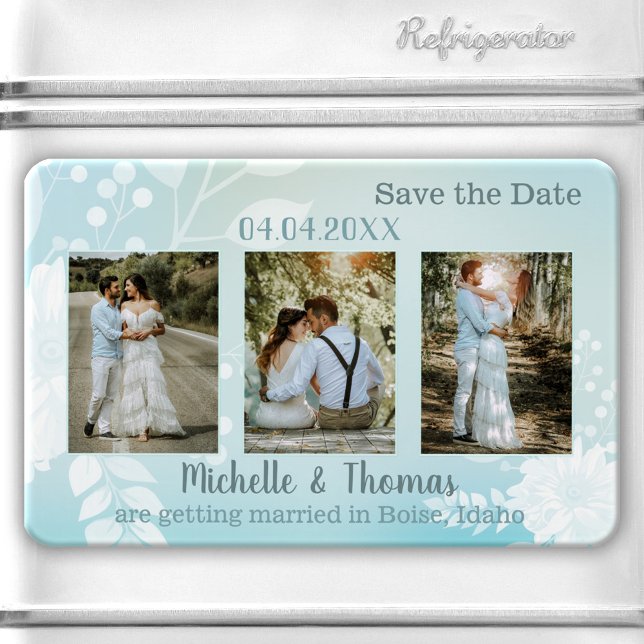 3 Foton Pastel Turcos Spara datum magneter (Save the Date magnet featuring 3 of your own photos framed by a pastel teal turquoise floral design.)