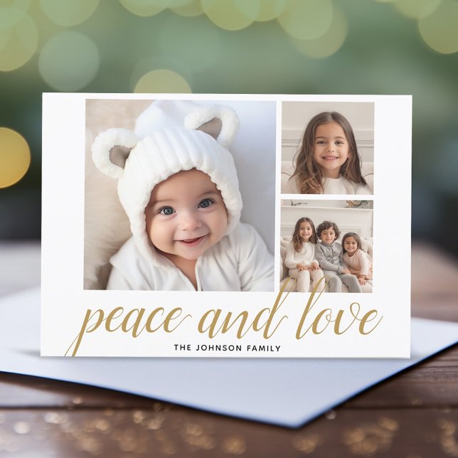 3 Fotopulskript Guld Damask Peace Kärlek Julkort (3 Photo Online Christmas Card - Modern, Simple Design)