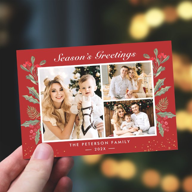 3 Fotosäsongens hälsningar Holly Berries jul Julkort (Skapare uppladdad)