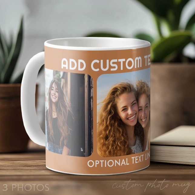 3 Fotoskollage med 2 platser för text Kaffemugg (Custom Photo Mug with 3 Photos)