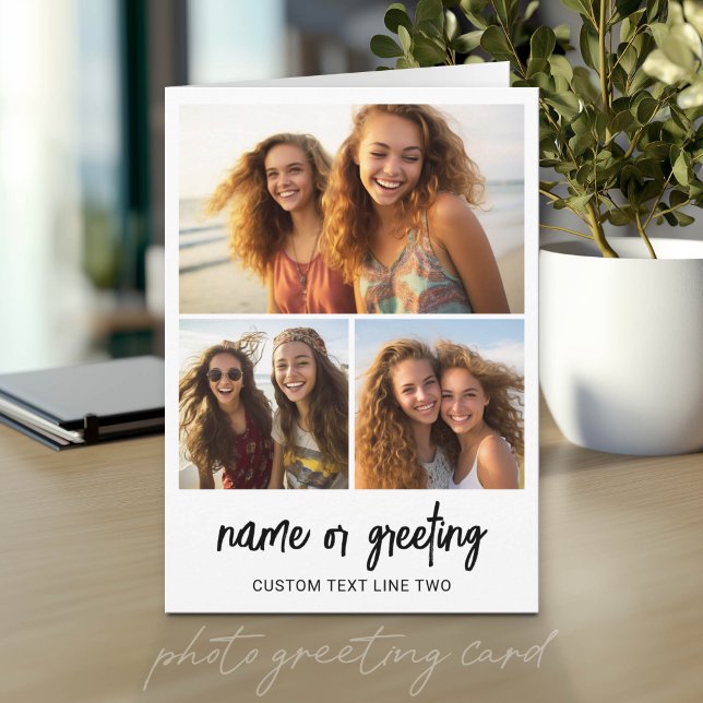 3 Fotoskollage med skripttext - svart vitt Kort (Photo Greeting Card)