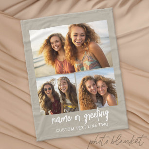 3 Fotoskollage med skripttext - taupe vit Fleecefilt