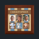 3 fotosöta djur namn brun keepsaké minnesask<br><div class="desc">Behåll Gift Box för barn. Byt ut de tre fotona mot ditt eget och lägg till ett namn. Brun,  blå och grädda,  med rand och söt baby djur.</div>