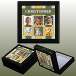 3 fotosöta djur namn grönt keepsaké minnesask<br><div class="desc">Behåll Gift Box för barn. Byt ut de tre fotona mot ditt eget och lägg till ett namn. Grönt och gult,  med rand och söt baby djur.</div>