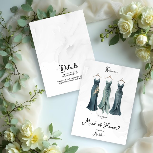 3 Glam Dusty Bridesmaid Dates Watercolor-begäran (3 Glam Dusty Bridesmaid Dresses Watercolor Request Cards.)