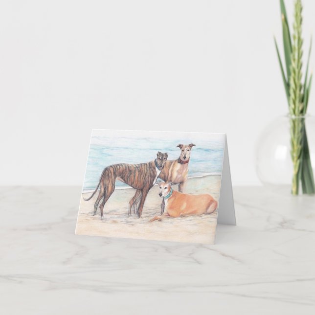 3 Greyhound på Beach Hund Art Note Card Kort (Framsida)