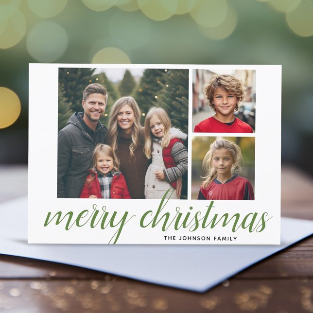 3 Grönt för Photo God jul-skript Julkort (3 Photo Online Christmas Card - Modern, Simple Design)
