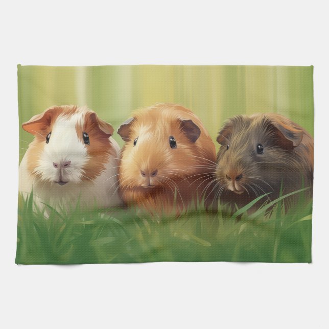 3 Guinea Grisar på gräs Kökshandduk (Horisontell)