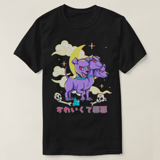 3 Headed Hund Kawaii Lila Cerberus T Shirt (Design framsida)