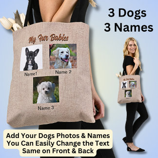3 Hundar, 3 Namn, Kan ändra text, Hund Foto Tygkasse