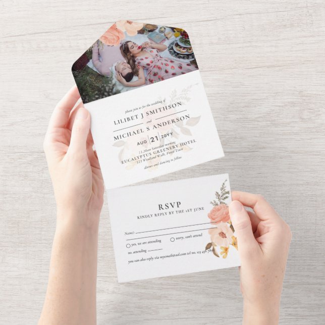 3-i1 Rustic Peach Bronze PHOTO Wedding INVITE OSA (Avrivbar del)