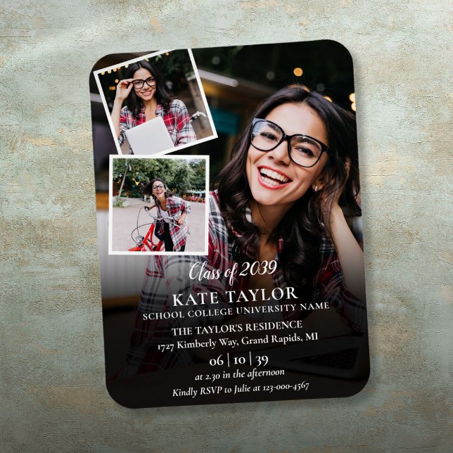 3 inbjudan till Studentfest för fotokollage Magnet (3 Photo Collage Graduation Party Invitation Magnet)