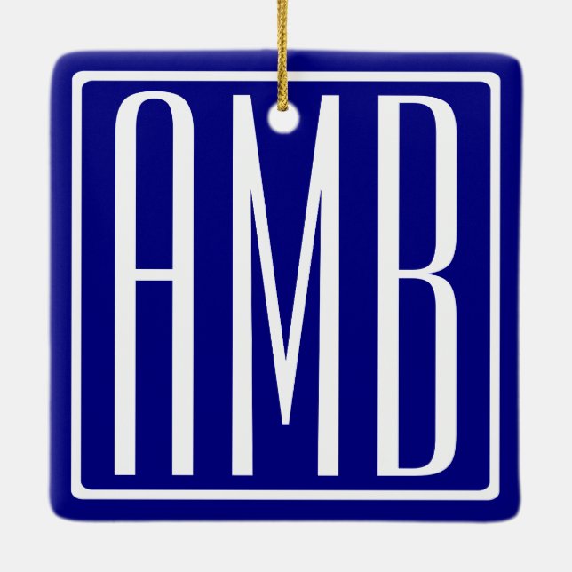 3 Initialer Monogram | Marinblå & Vit Julgransprydnad Keramik (Baksida)