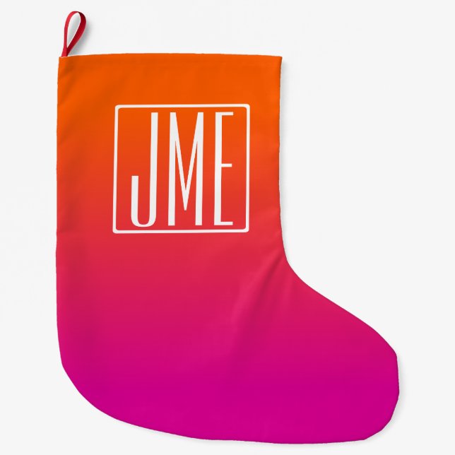 3 Initialer Monogram | Orange Rosa Gradient Stor Julstrumpa (Framsidan)