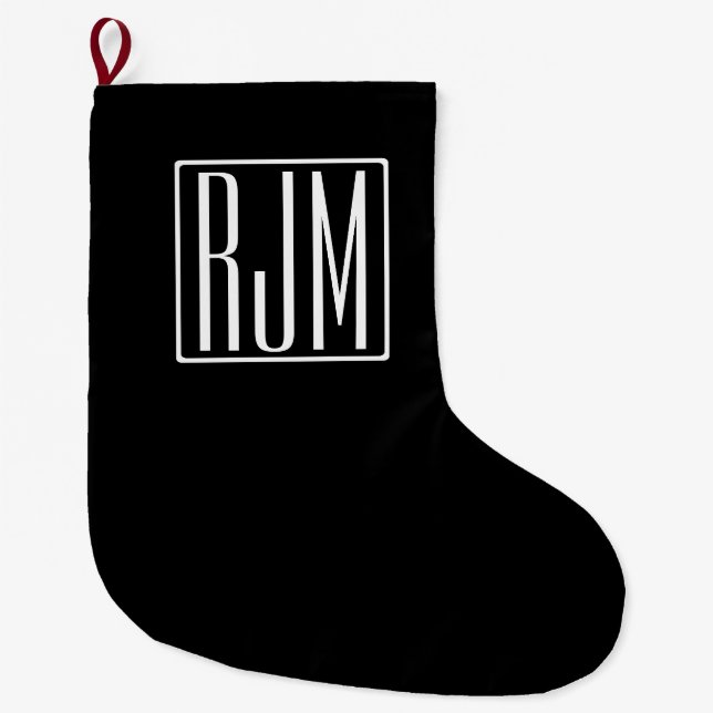 3 Initialer Monogram | Svart & Vitt Stor Julstrumpa (Framsidan)