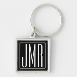 3 Initialer Monogram Svartvitt (eller färg) Fyrkantig Silverfärgad Nyckelring