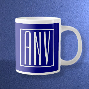 3 Initialer Monogram Tunga blå och vit Jumbo Mugg