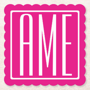 3 Initialer Monogram Vit på Shock rosa Underlägg Papper