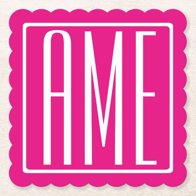 3 Initialer Monogram | Vit på Shock rosa Underlägg Papper (Framsida)