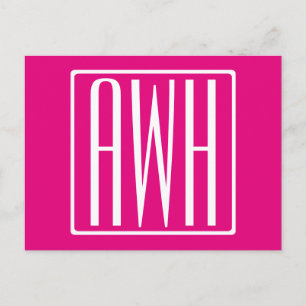 3 Initialer Monogram Vit på Shock rosa Vykort