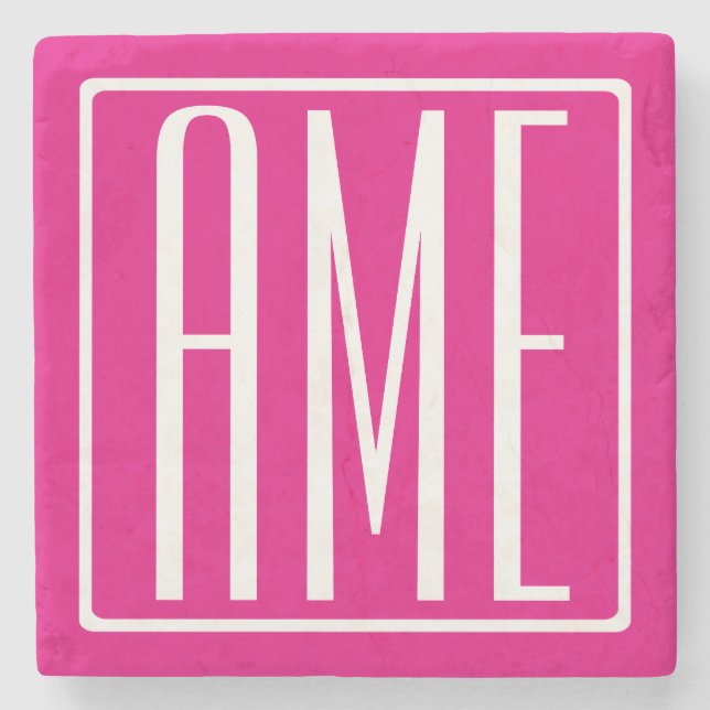 3 Initialer Monogram | Vit På Varma Rosa Stenunderlägg (Framsidan)
