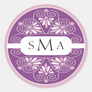 3 Initialer monogramklistermärken: Rosa och Lila Runt Klistermärke