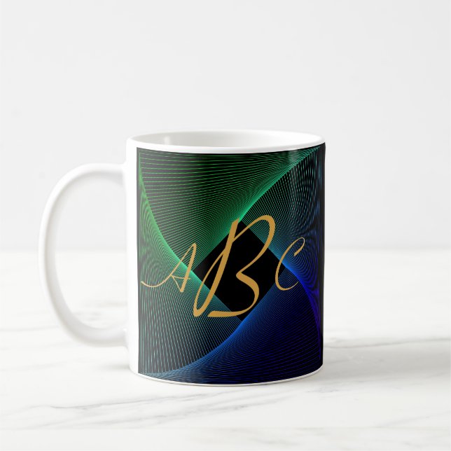 3 Inledande monogram Brev Grönt Blue Swirl Linjer Kaffemugg (Vänster)