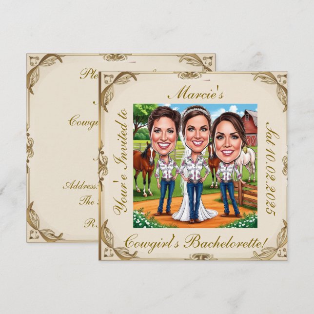 3 Karikatyrer av Möhippa från Cowgirl på gården Inbjudningar (Fram/baksida)