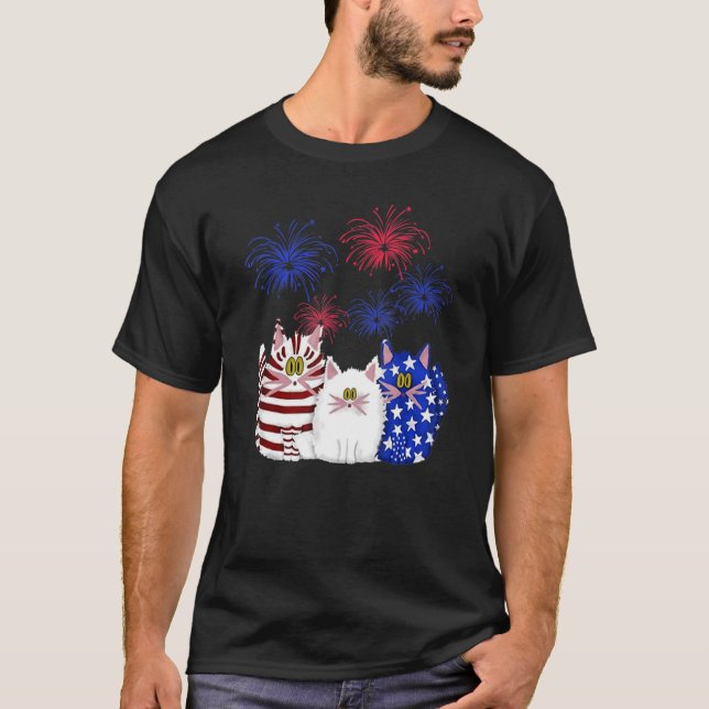 3 Kats Kitten Firework American Flagga T Shirt (Framsida)