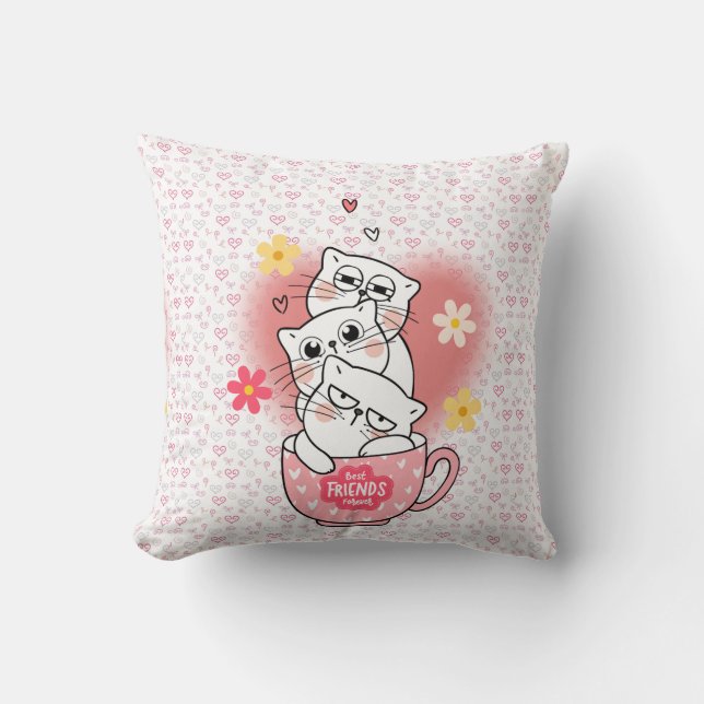 3 katter med blommor och mugg kudde (Framsida)