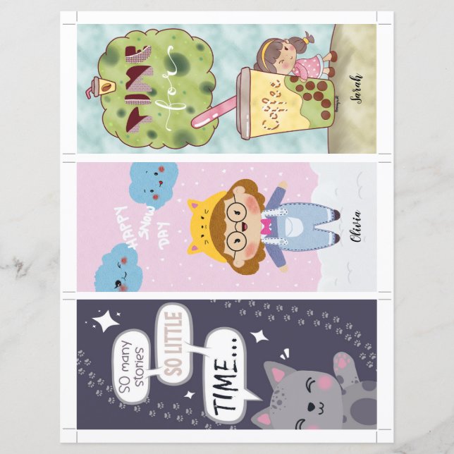 3 Kawaii Illustrated Bokmärken med redigerbar text (Framsida)
