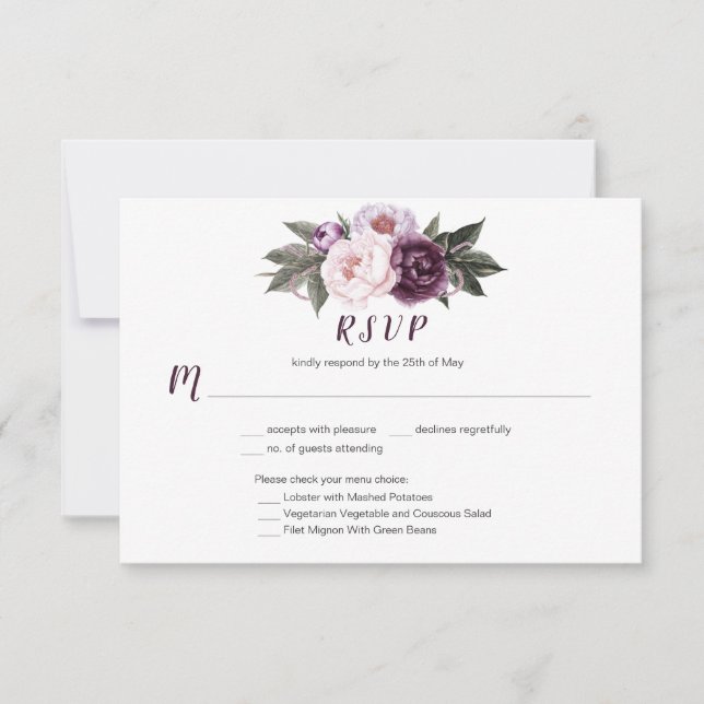 #3 Lila Plum Rosa Peonies Bouquet Menu Choice OSA Kort (Framsida)