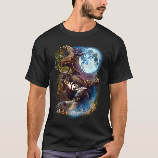 3 Måne Moose Hjort Elk Animal Graphic T Shirt (Framsida)
