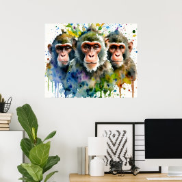 3 Monkey Colorful Watercolor Art Poster