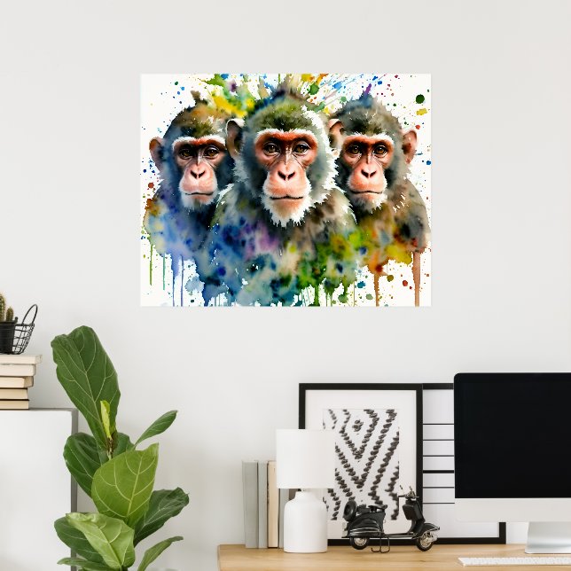 3 Monkey Colorful Watercolor Art Poster (Hemmakontoret)