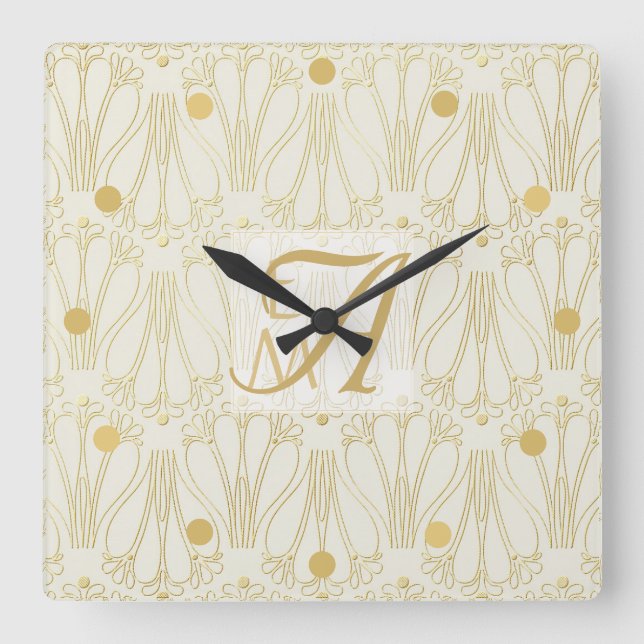 3 Monogram Art Deco Guld Cream Newlyweds Decor Fyrkantig Klocka (Framsida)