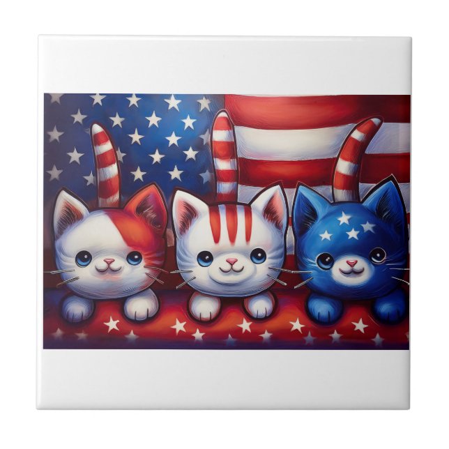 3 Patriotic Kittens In A Scene With American Flag  Kakelplatta (Framsidan)