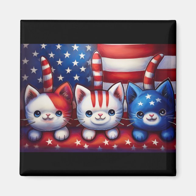 3 patriotiska kattungar med amerikansk flagg magnet (Framsidan)
