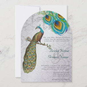 3 Peacock Feathers Art Deco Wedidng Inbjudan