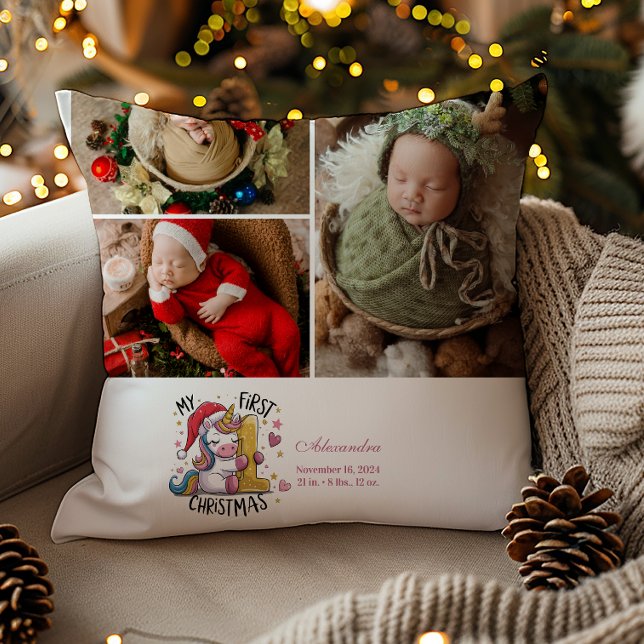 3 Photo 1st Baby Christmas Pink Gold Unicorn Kudde (Skapare uppladdad)