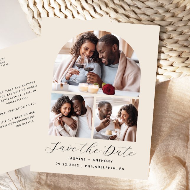 3-Photo Arch Collage Beige Spara datum Vykort (Skapare uppladdad)