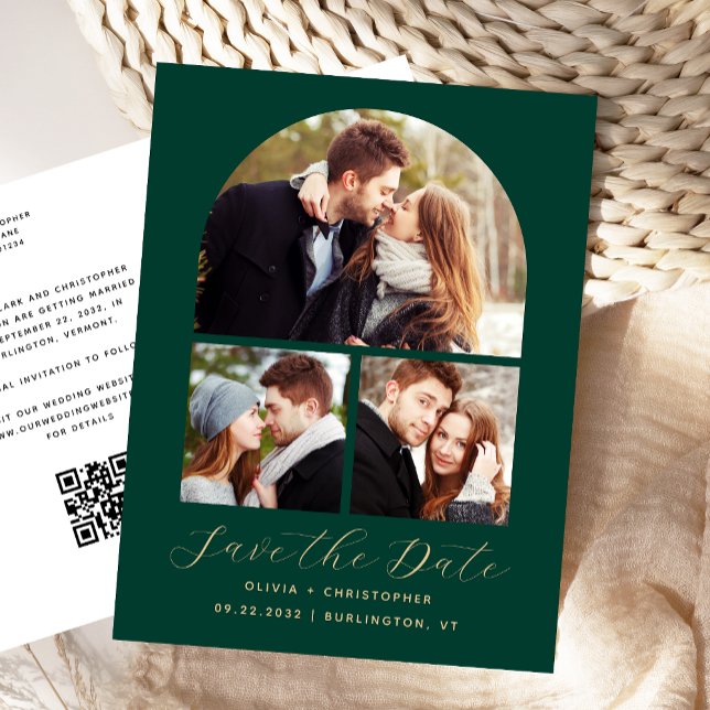 3-Photo Arch Emerald Grönt QR-kod Spara datum Vykort (Skapare uppladdad)