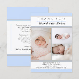 3 Photo Blue White Baby Shower  Födelseort Tack Kort
