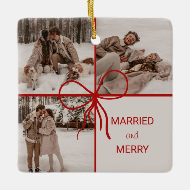 3 Photo Bow Wrap Christmas Newlyweds Modern Julgransprydnad Keramik (Framsida)