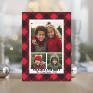 3 Photo Buffalo plaid Rustic Red Black Instant Julkort