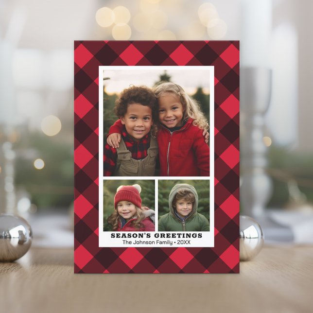 3 Photo Buffalo plaid Rustic Red Black Instant Julkort (Photo Christmas Card)