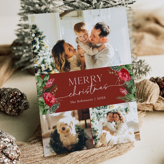3 Photo Burgundy Red Elegant God jul Julkort (Skapare uppladdad)